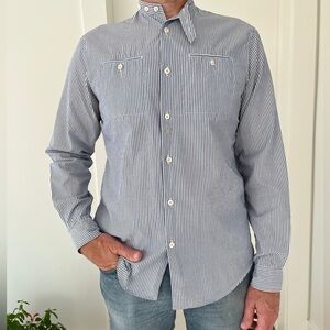 DSQUARED2 Blue White Stripe Button Down Shirt Mandarin Collar Long Sleeve Casual